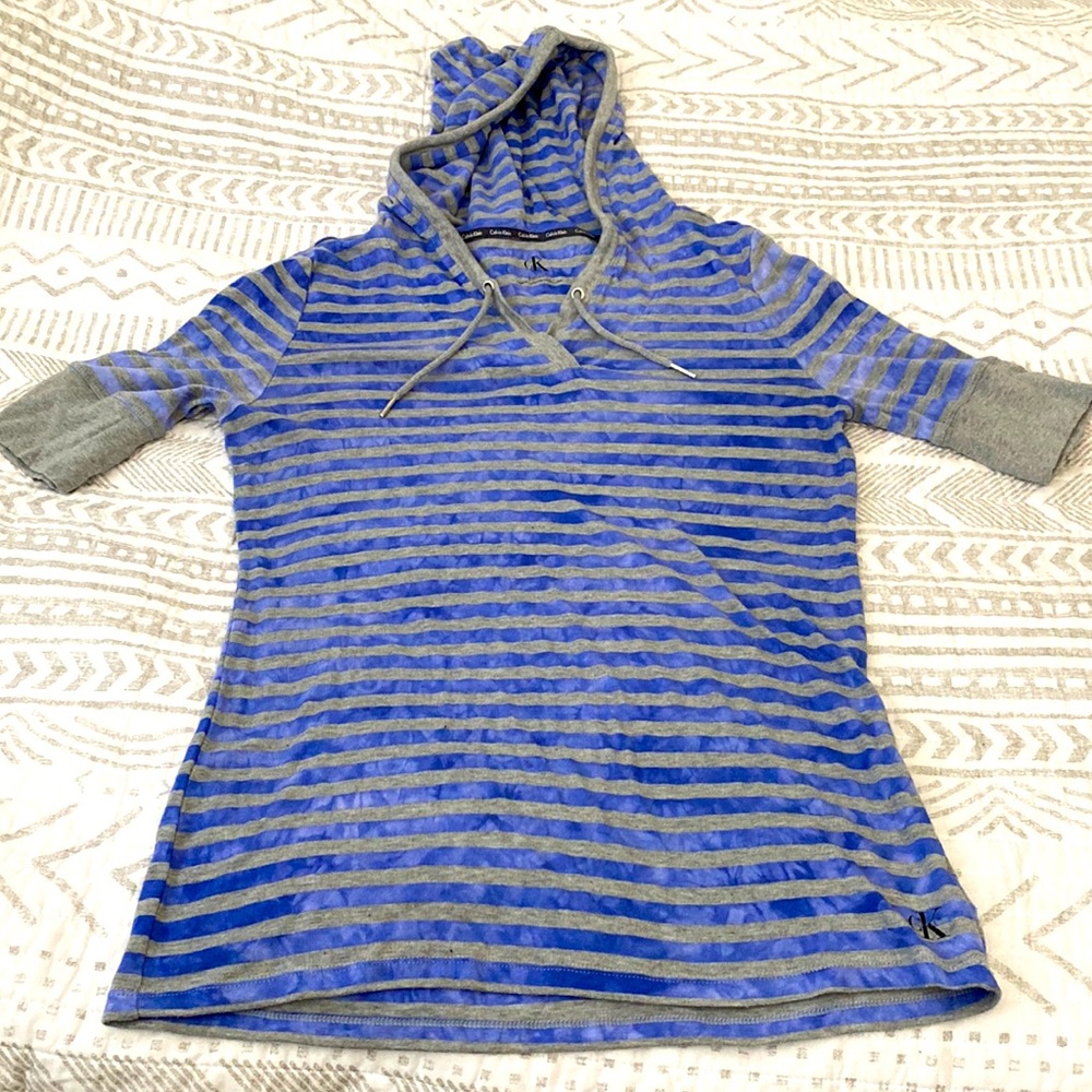 Calvin Klein Purple And Gray Striped Hooded Elbow Sleeve Tee